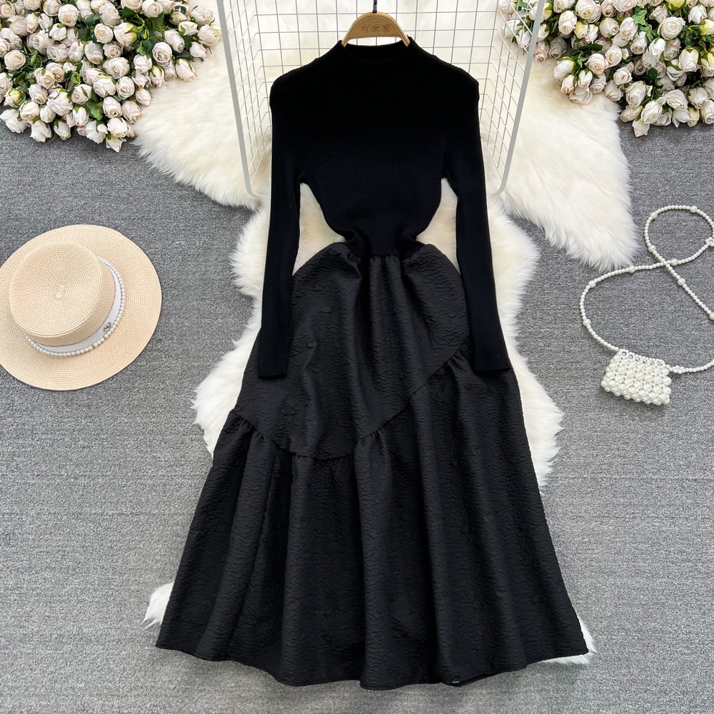 Đầm len chữ A lông tơ cho nữ,váy mùa thu đông kiểu Pháp Hepburn dài tay