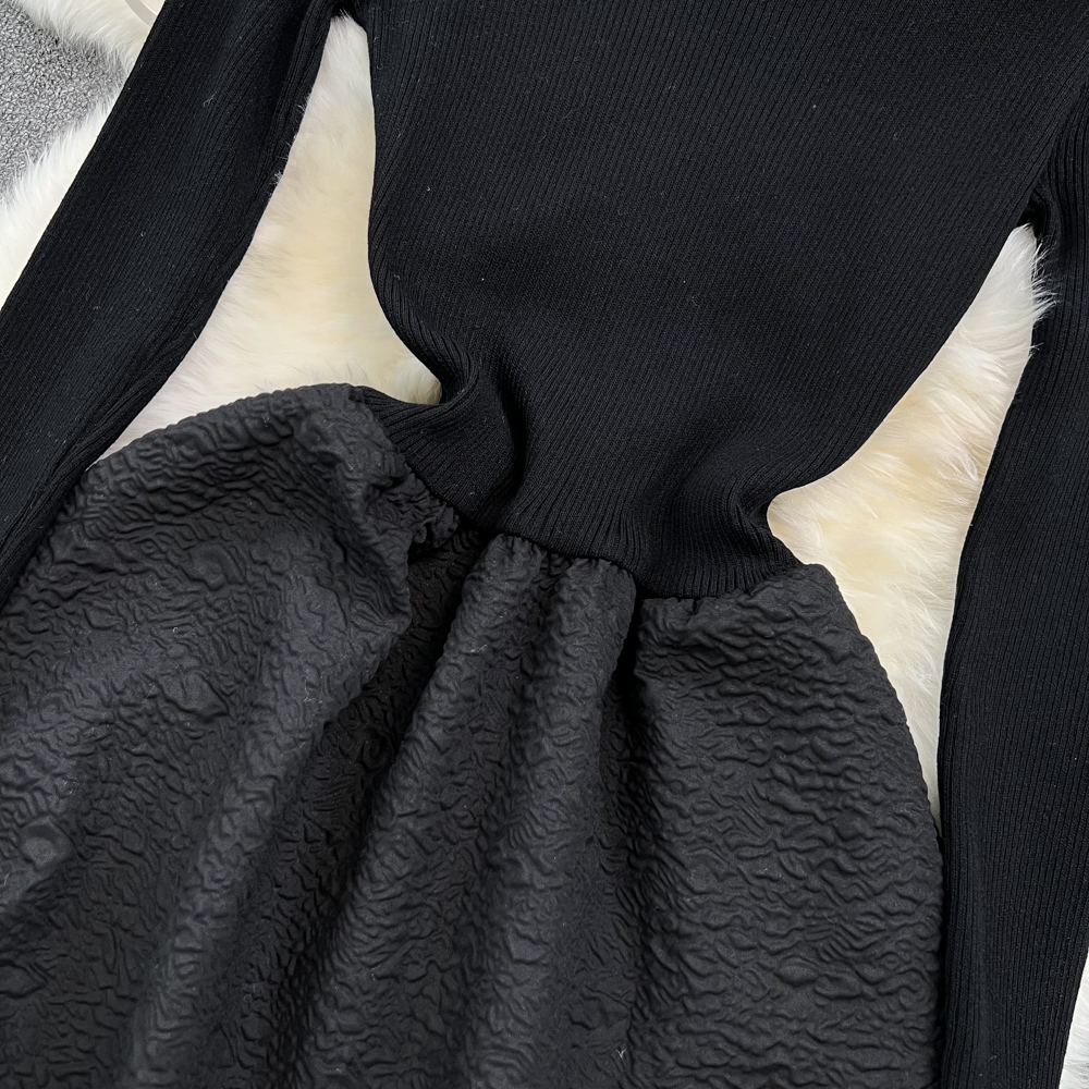 Đầm len chữ A lông tơ cho nữ,váy mùa thu đông kiểu Pháp Hepburn dài tay