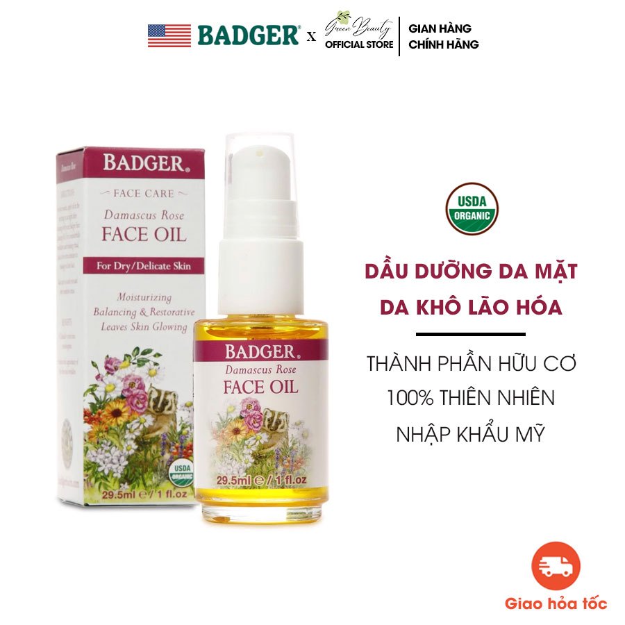 Dầu Dưỡng Hữu Cơ Hoa Hồng USDA Organic Chăm Sóc Da Mặt Khô Lão Hóa Nhập Khẩu Mỹ BADGER Rose Organic Face Oil  29.5ML