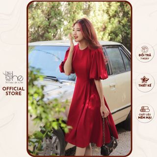 Đầm đỏ xếp ly tay lồng đèn siêu đẹp She, Váy dự tiệc tay phồng nhẹ nhàng, sang trọngSDX184