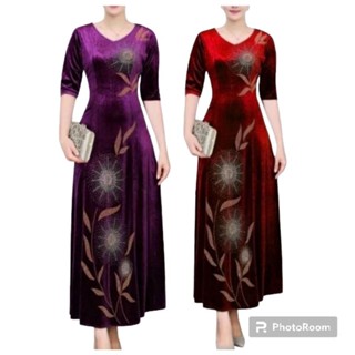 Đầm dạ hội trung niên đi tiệc vải nhung cổ tim hoa tròn tay lỡ, Đầm dạ hội nhung trung niên dự tiệc hoa đẹp