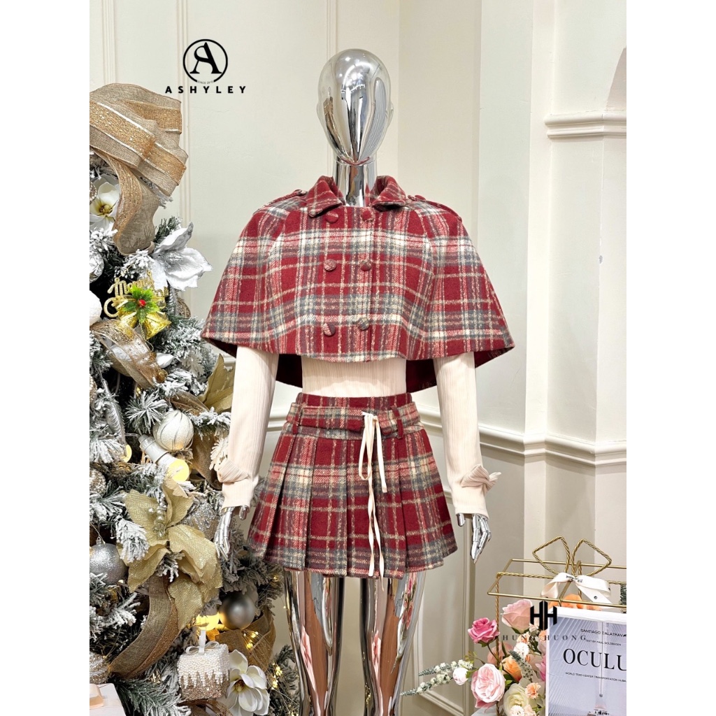 Set áo choàng chân váy xếp ly kẻ sọc 𝐀𝐒𝐇𝐘𝐋𝐄𝐘 kèm áo thun gân tay đính nơ xinh xắn