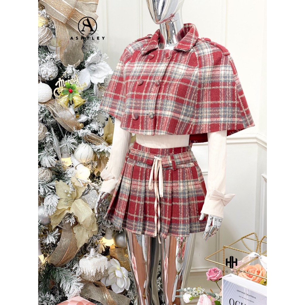 Set áo choàng chân váy xếp ly kẻ sọc 𝐀𝐒𝐇𝐘𝐋𝐄𝐘 kèm áo thun gân tay đính nơ xinh xắn