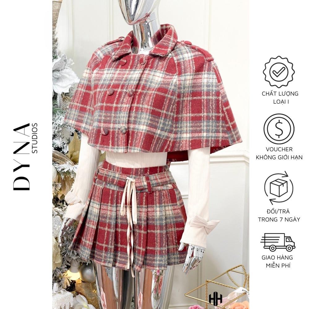 Set áo choàng chân váy xếp ly kẻ sọc 𝐀𝐒𝐇𝐘𝐋𝐄𝐘 kèm áo thun gân tay đính nơ xinh xắn