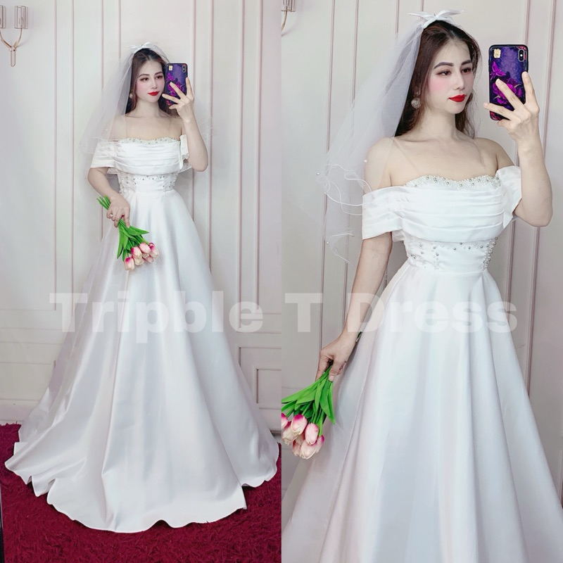 Đầm maxi mặc cưới TRIPBLE T DRESS trễ vai xếp ly đính ngọc - size S/M/L - MS329V