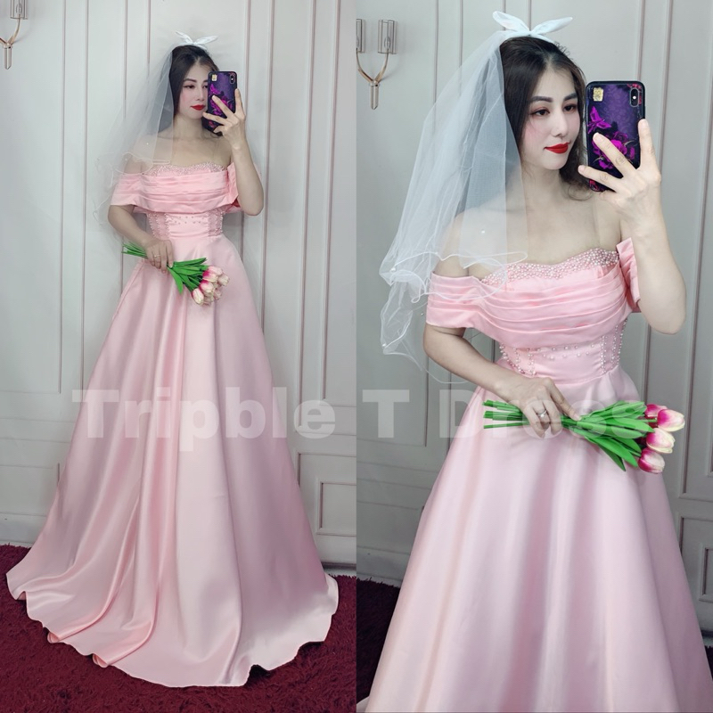 Đầm maxi mặc cưới TRIPBLE T DRESS trễ vai xếp ly đính ngọc - size S/M/L - MS329V