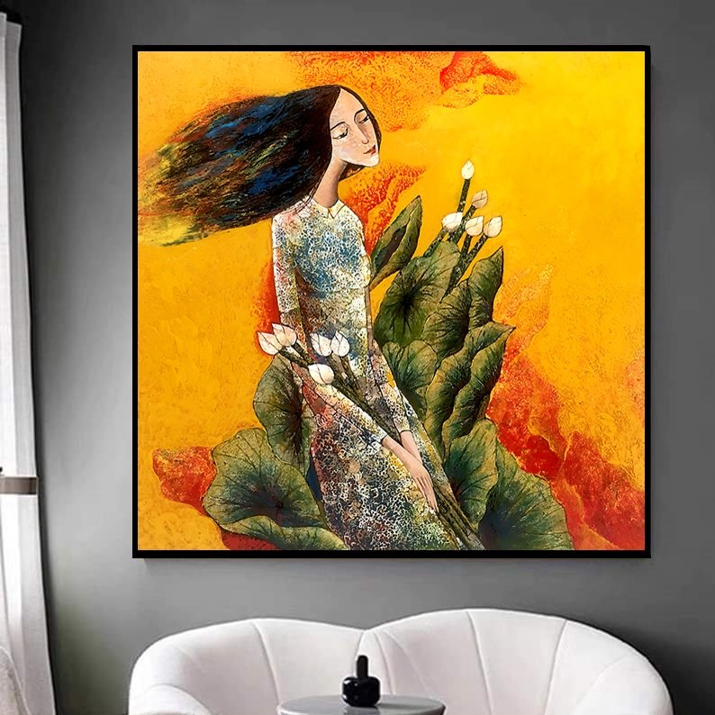 Tranh canvas treo tường cô gái Việt Nam bên hoa sen indochine - 70 x 70 cm