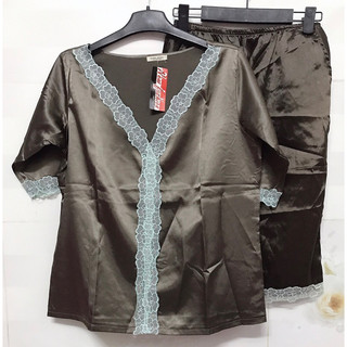 BỘ LỤA SATIN PHỐI REN CỔ TIM CAO CẤP