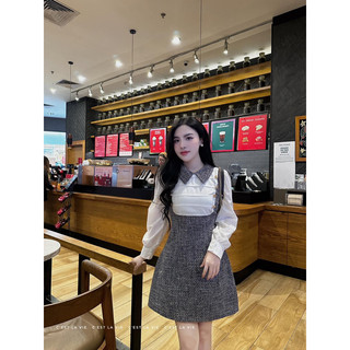 Váy tweed xanh phối tay somi C'est lavie