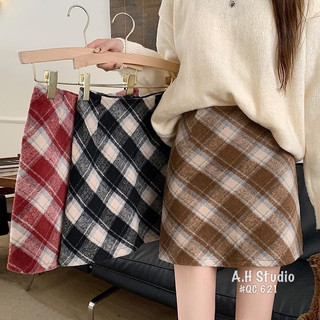 Chân váy dạ ngắn chữ A hoạ tiết kẻ caro 247plus