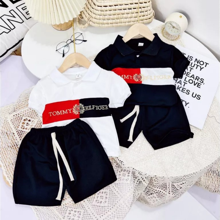 Bộ bé trai, Bộ cộc tay áo polo thêu chữ quần đùi đáng yêu cho bé trai BN133