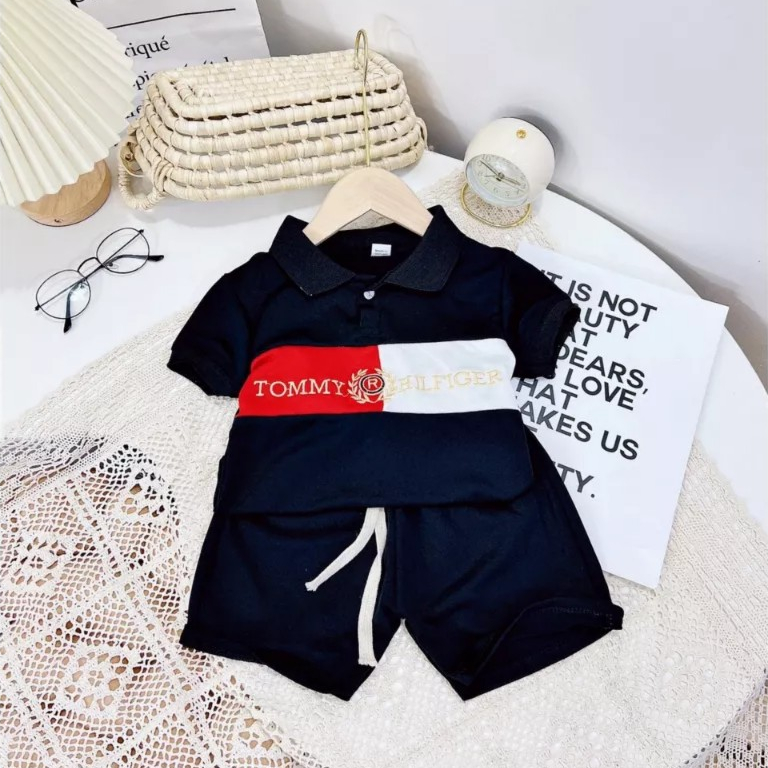 Bộ bé trai, Bộ cộc tay áo polo thêu chữ quần đùi đáng yêu cho bé trai BN133