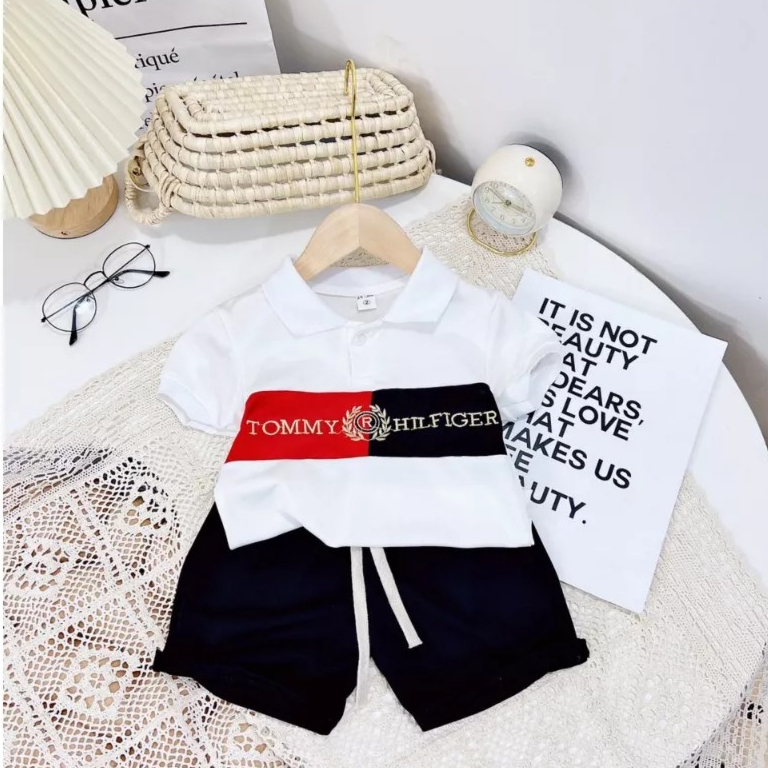 Bộ bé trai, Bộ cộc tay áo polo thêu chữ quần đùi đáng yêu cho bé trai BN133