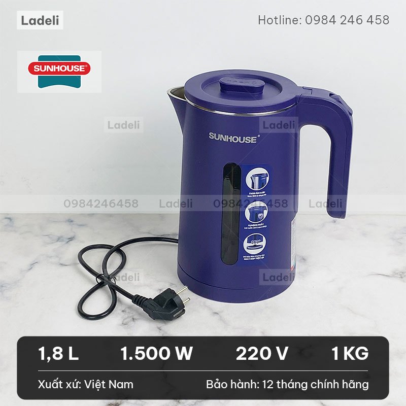 Ấm siêu tốc inox 1.8L SUNHOUSE SHD1351 / SHD1355 bọc nhựa PP chống bỏng