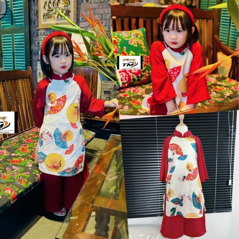 Áo dài lụa hình quạt cho bé