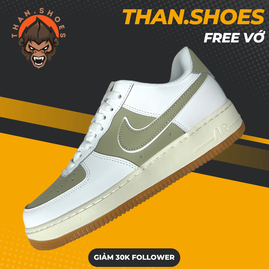 Giày AF1 Low 07 White Sail Light Silver Gum, AF1 Trắng Xanh Rêu Đế Nâu - Than.Shoes