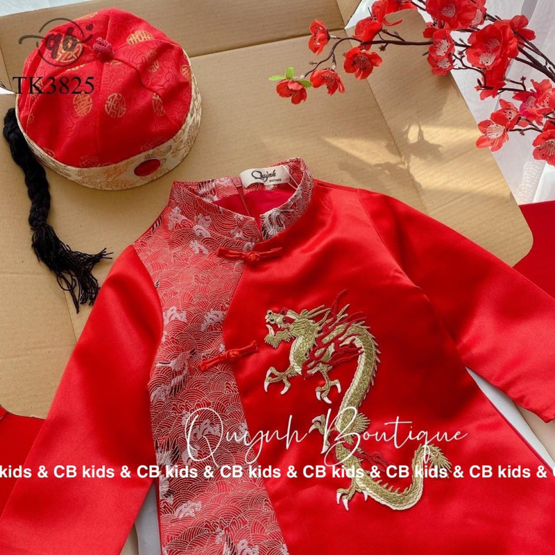 Áo dài cách tân, áo dài Tết cho bé trai chất gấm rồng thêu cao cấp