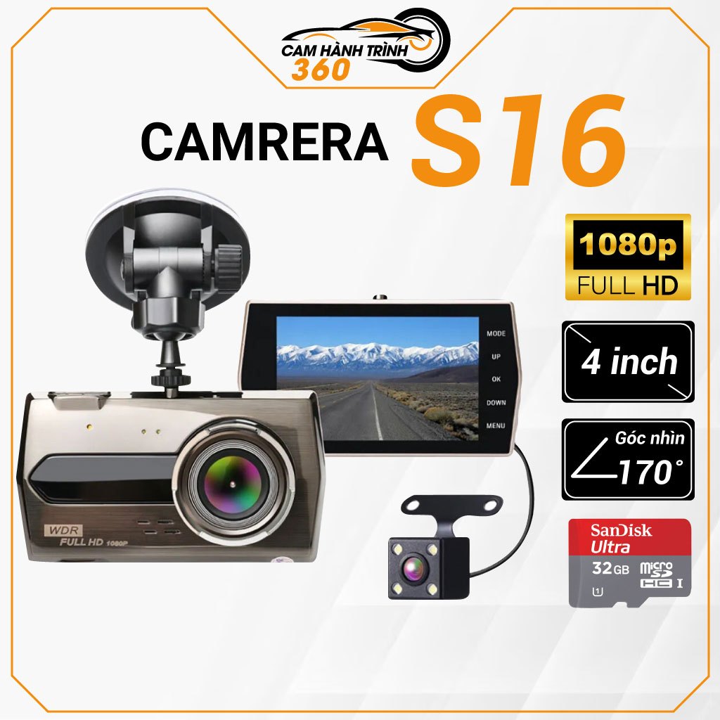 Camera Hành Trình Ô Tô S16 Màn Hình Siêu Nét - Chống Rung, Full HD 1296p, Tích hợp cam sau, Tặng thẻ nhớ 32Gb