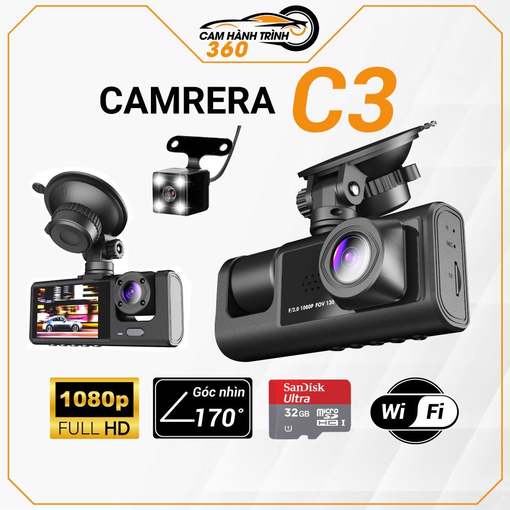 Camera hành trình ô tô C3, quay trước trong và sau xe, tích hợp wifi cảm biến, va chạm chống rung, tặng thẻ nhớ 32G