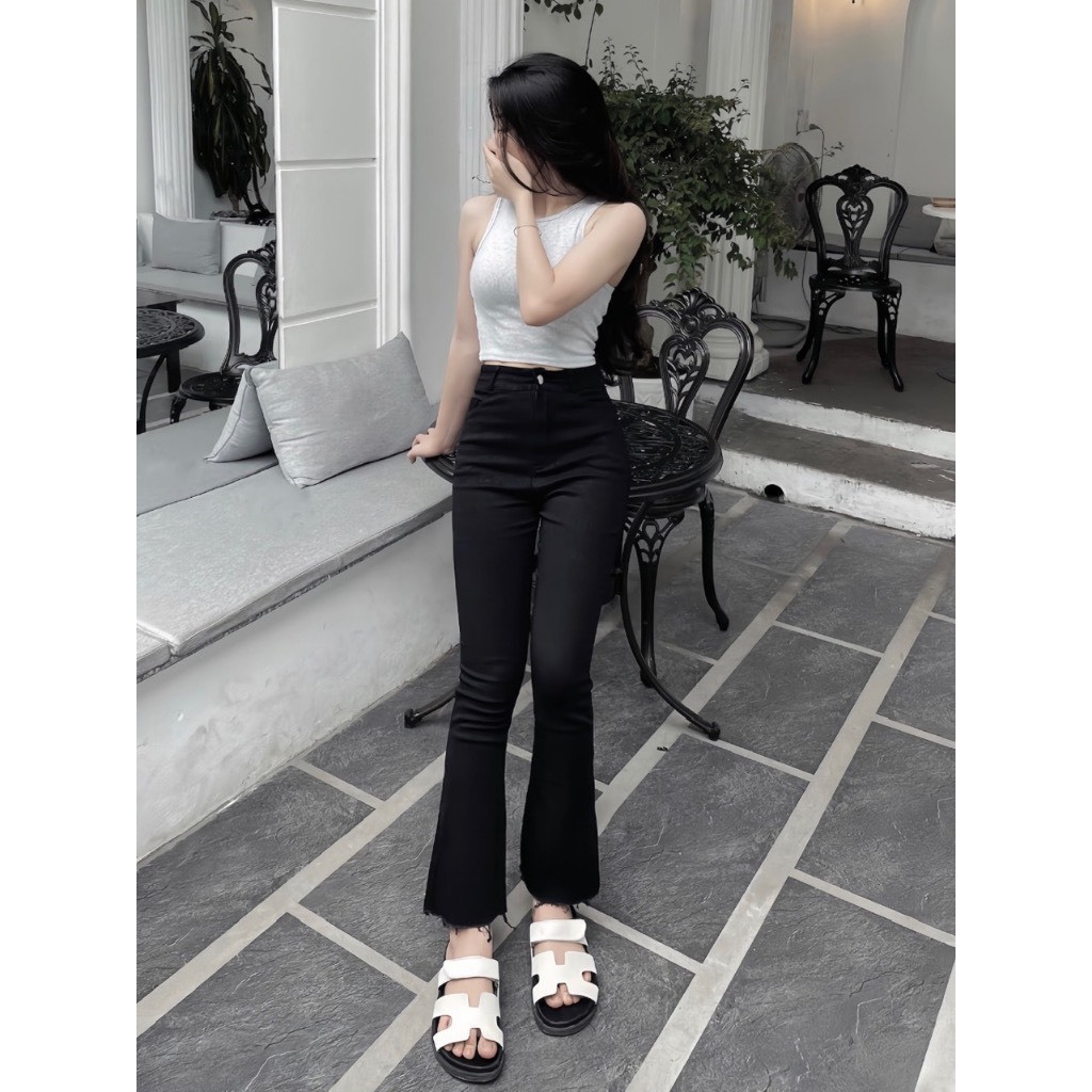 Quần Jean Giấy Ống Loe Màu Đen, Cạp Cao Trên Rốn Siêu Hách Dáng, Co Giãn 4 Chiều