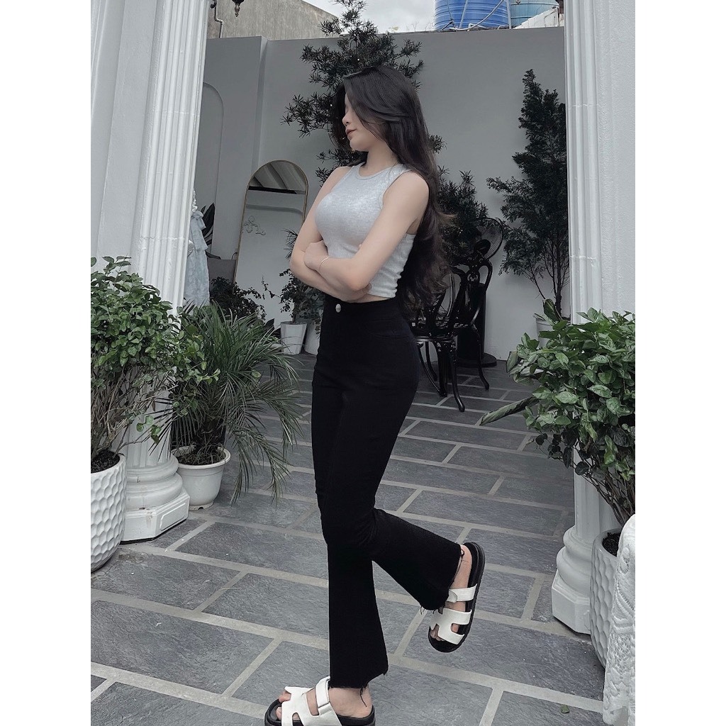 Quần Jean Giấy Ống Loe Màu Đen, Cạp Cao Trên Rốn Siêu Hách Dáng, Co Giãn 4 Chiều