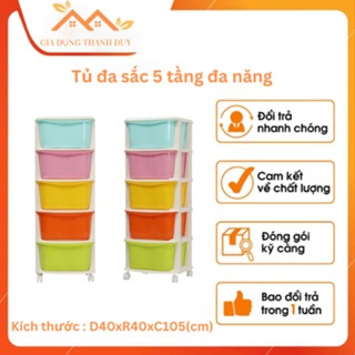 Tủ nhựa đa sắc ngăn kéo 5 tầng có bánh xe , đựng đồ chơi, quần áo.