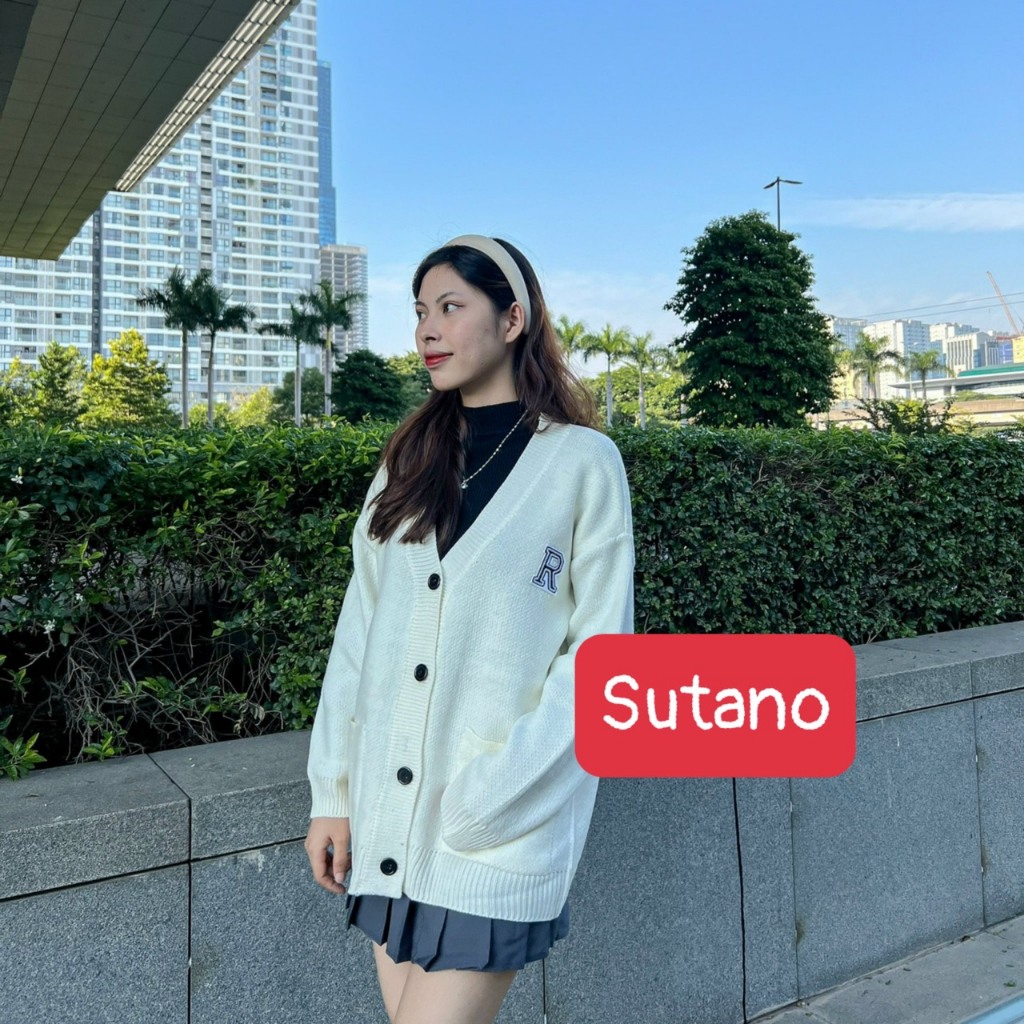 áo khoác len cardigan nữ dáng dài trơn basic kiểu dáng hàn quốc thanh lịch họa tiết chữ R A570 SUTANO