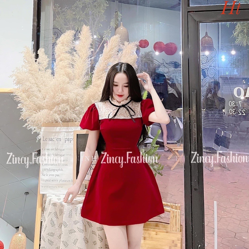 Váy nhung nữ phối ren,đầm nhung dự tiệc cổ nơ phối ren tiểu thư cao cấp V860 SUTANO