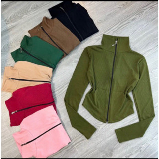 (stock) Áo thun cổ trụ kiểu dài tay, Áo Khoác ủ màu kem Thun Mỏng Vạt bầu lửng, Áo khoác ủ kem mỏng Cổ Lọ x Có Túi