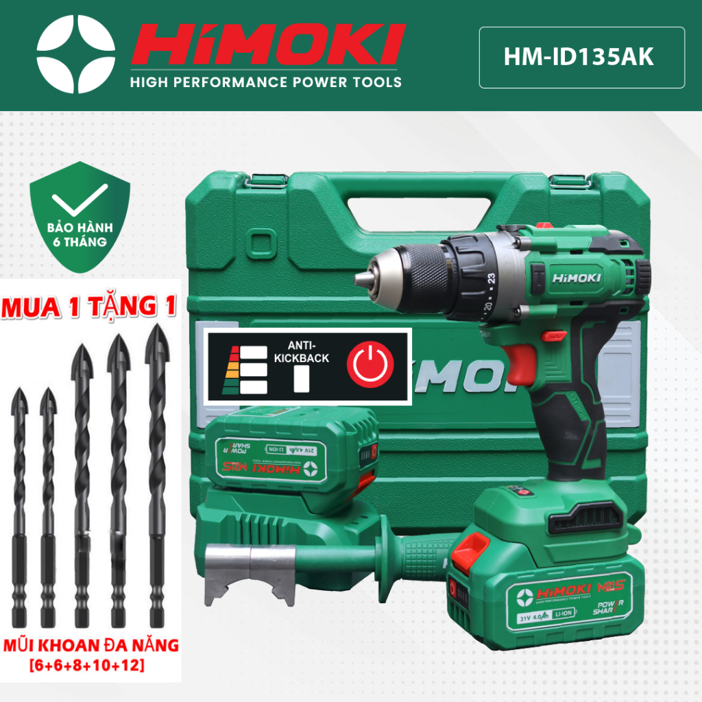 Máy Khoan Pin HIMOKI HM-ID135AK Không Chổi Than siêu khỏe - Có Bật Tắt Anti-Kick Back - Lực Siết 135NM