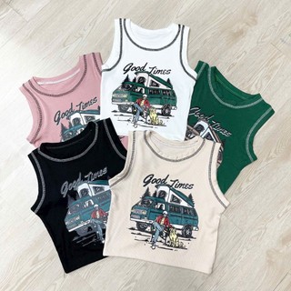 Áo thun nữ sát nách kiểu croptop phối viền in hình form body