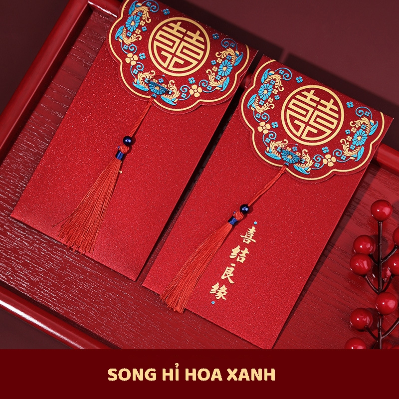 COMBO Bao lì xì đỏ mừng tuổi năm mới Pkbeoshop phong bao song hỉ long phụng dùng cho cưới hỏi lễ tết quà tặng cao cấp