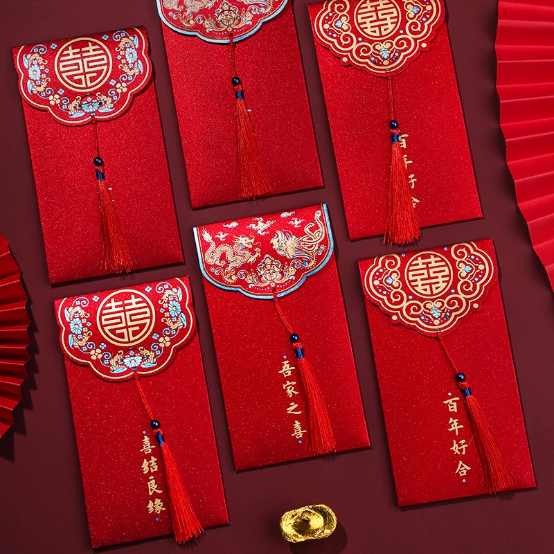 COMBO Bao lì xì đỏ mừng tuổi năm mới Pkbeoshop phong bao song hỉ long phụng dùng cho cưới hỏi lễ tết quà tặng cao cấp