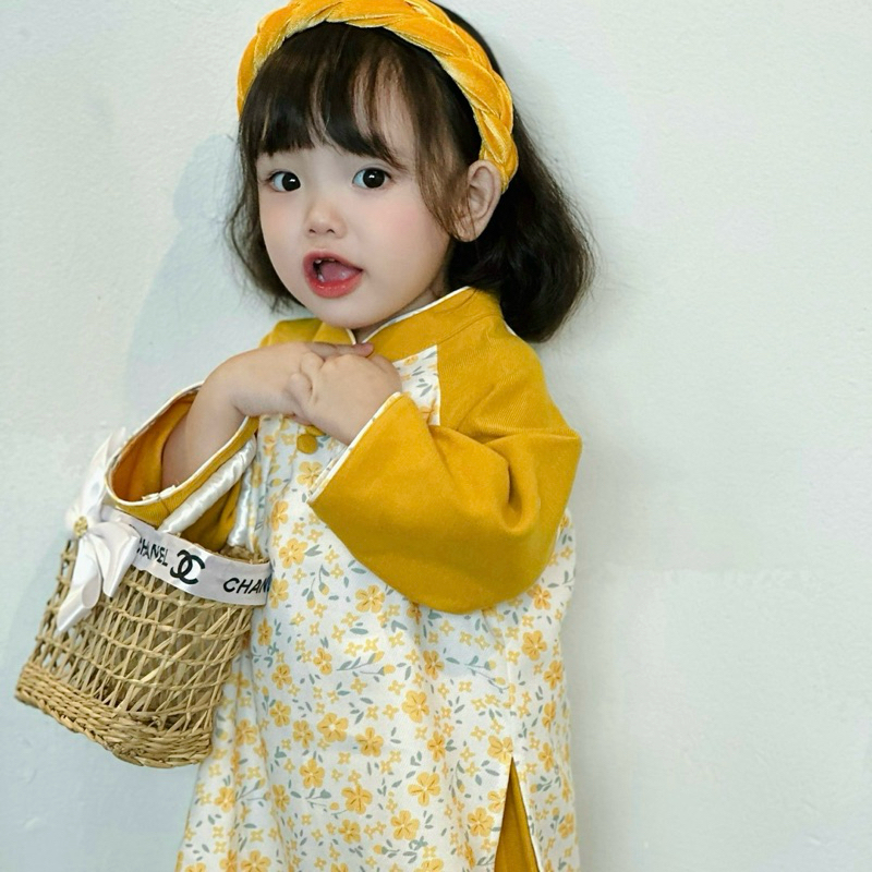 Áo Dài Bé Gái CELINA N01 Áo Dài Cách Tân Cho Bé Gái Hoạ Tiết Hoa Chất Liệu Nhung Tăm Cao Cấp TẶNG Kèm Bờm Nhung