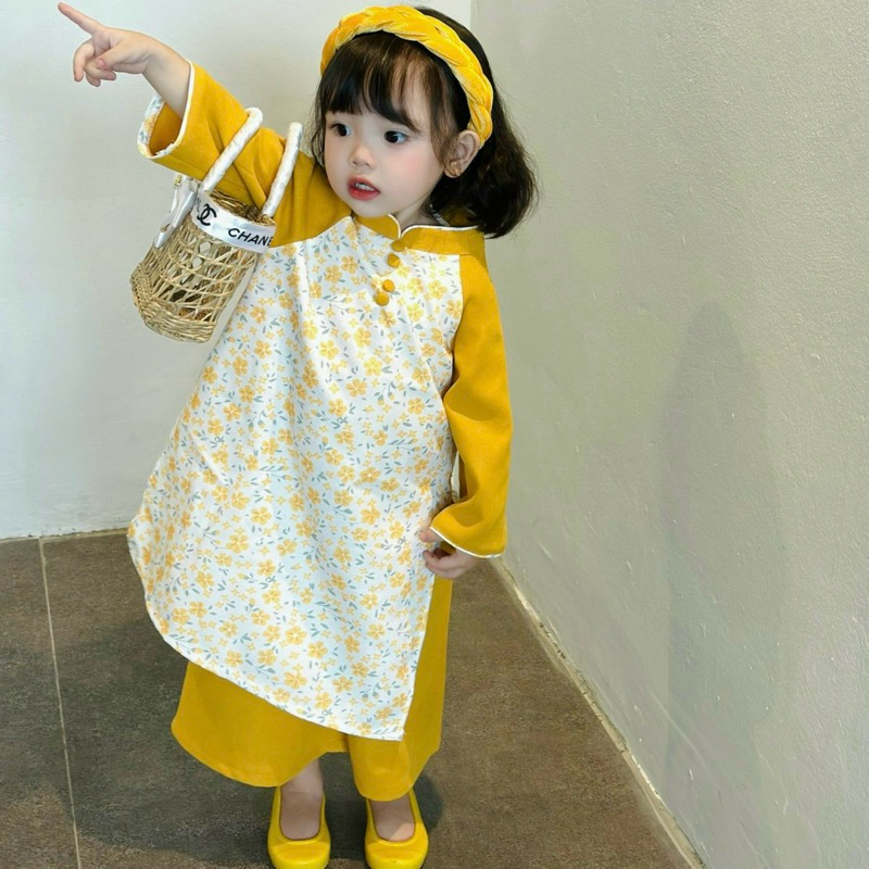 Áo Dài Bé Gái CELINA N01 Áo Dài Cách Tân Cho Bé Gái Hoạ Tiết Hoa Chất Liệu Nhung Tăm Cao Cấp TẶNG Kèm Bờm Nhung