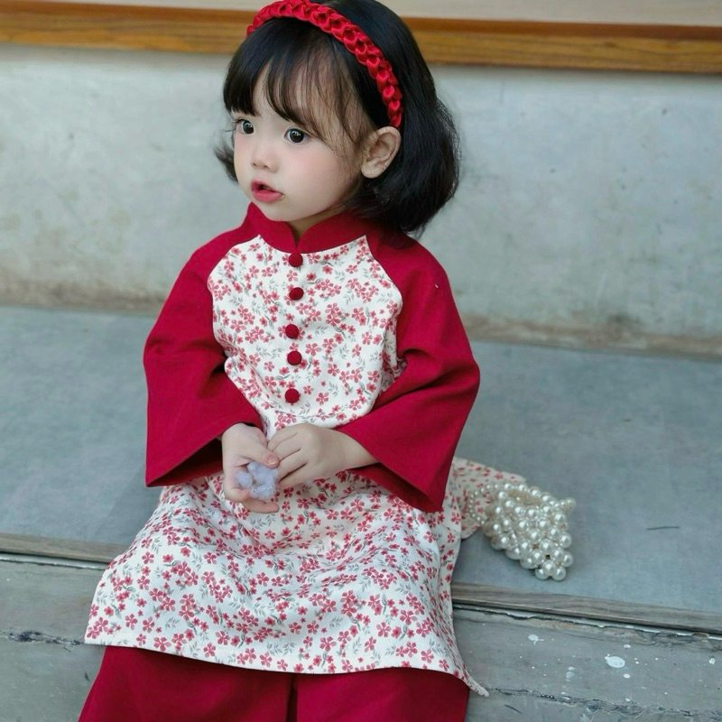 Áo Dài Bé Gái CELINA N01 Áo Dài Cách Tân Cho Bé Gái Hoạ Tiết Hoa Chất Liệu Nhung Tăm Cao Cấp TẶNG Kèm Bờm Nhung