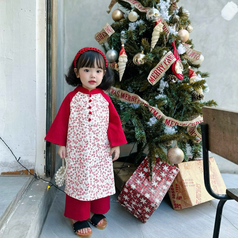 Áo Dài Bé Gái CELINA N01 Áo Dài Cách Tân Cho Bé Gái Hoạ Tiết Hoa Chất Liệu Nhung Tăm Cao Cấp TẶNG Kèm Bờm Nhung