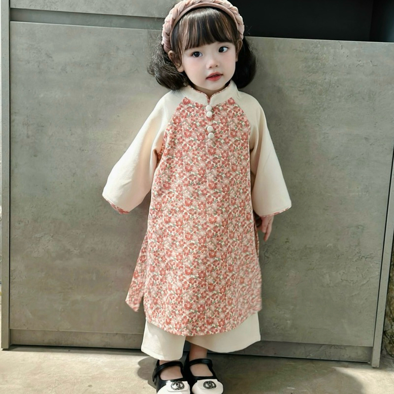 Áo Dài Bé Gái CELINA N01 Áo Dài Cách Tân Cho Bé Gái Hoạ Tiết Hoa Chất Liệu Nhung Tăm Cao Cấp TẶNG Kèm Bờm Nhung