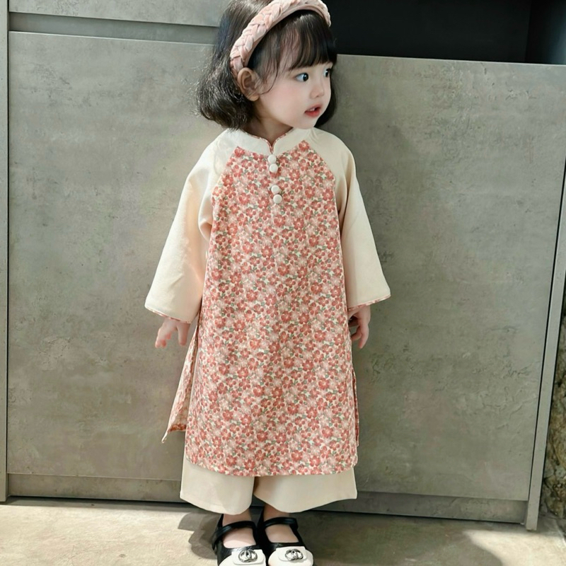 Áo Dài Bé Gái CELINA N01 Áo Dài Cách Tân Cho Bé Gái Hoạ Tiết Hoa Chất Liệu Nhung Tăm Cao Cấp TẶNG Kèm Bờm Nhung