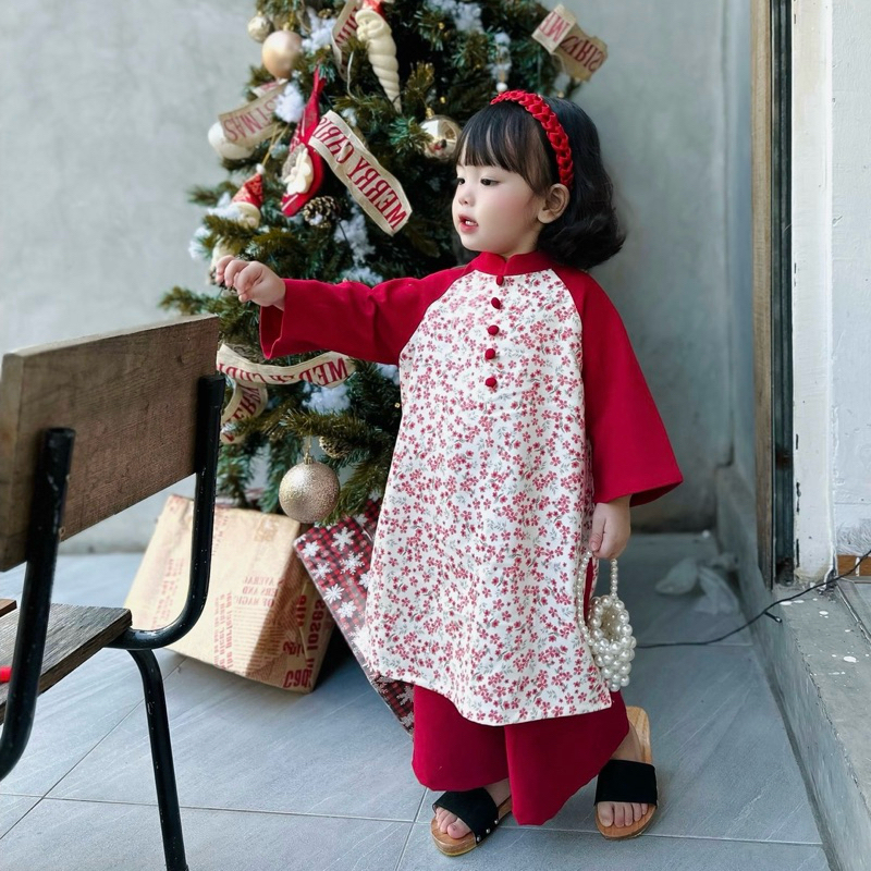 Áo Dài Bé Gái CELINA N01 Áo Dài Cách Tân Cho Bé Gái Hoạ Tiết Hoa Chất Liệu Nhung Tăm Cao Cấp TẶNG Kèm Bờm Nhung