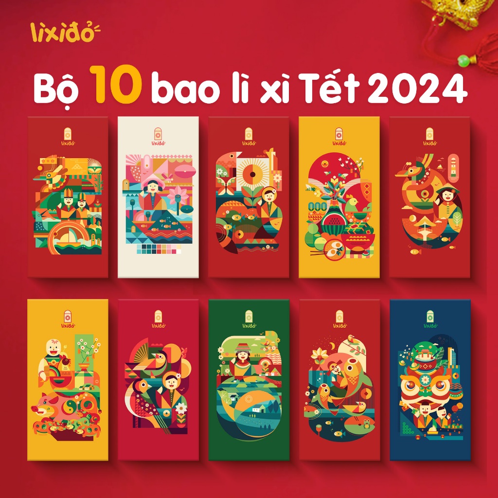 Bao lì xì tết giáp thìn 2024 LÌ XÌ ĐỎ bộ sưu tập Nét Việt - Giấy in C200 9x18cm bộ 10 bao