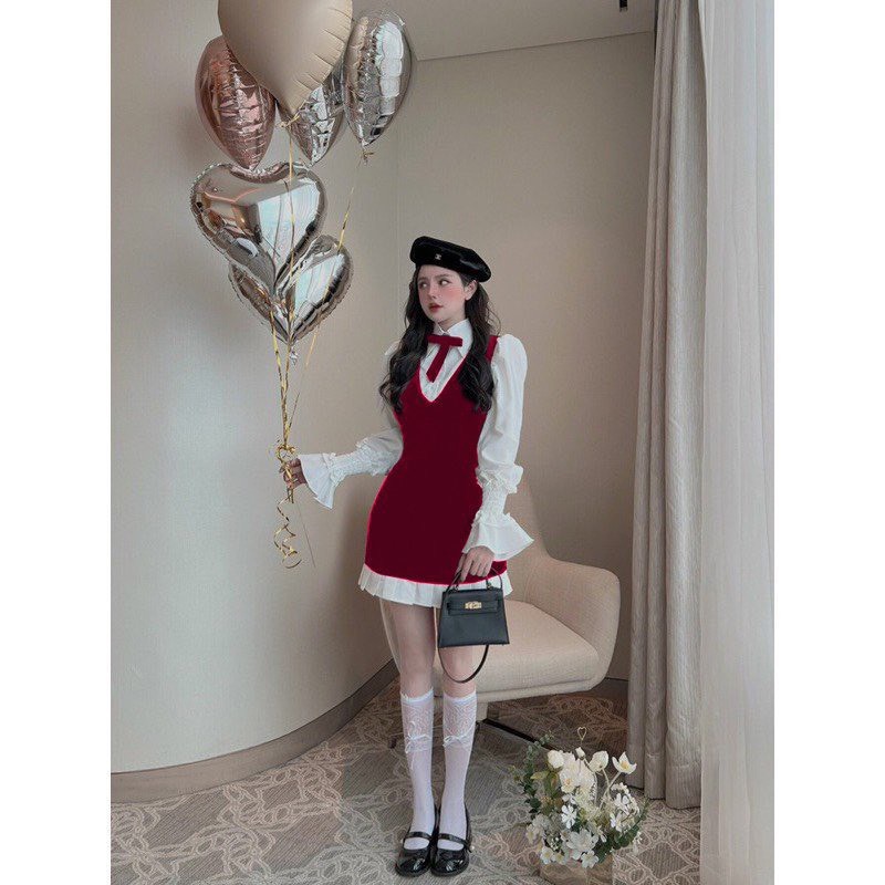 BIGSIZE HIẾU HIẾU  - Đầm nhung nữ phối nơ tay dài dễ thương