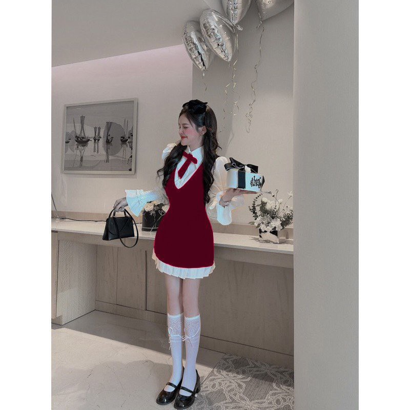 BIGSIZE HIẾU HIẾU  - Đầm nhung nữ phối nơ tay dài dễ thương