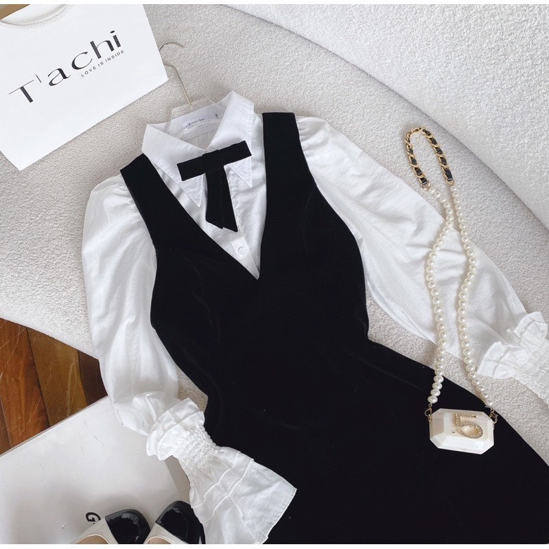 BIGSIZE HIẾU HIẾU  - Đầm nhung nữ phối nơ tay dài dễ thương