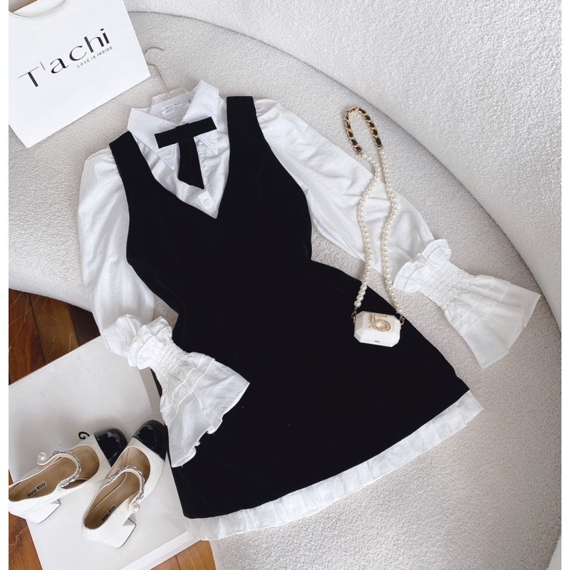 BIGSIZE HIẾU HIẾU  - Đầm nhung nữ phối nơ tay dài dễ thương