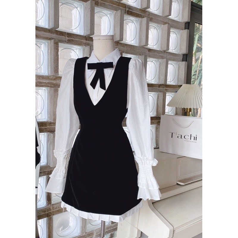 BIGSIZE HIẾU HIẾU  - Đầm nhung nữ phối nơ tay dài dễ thương