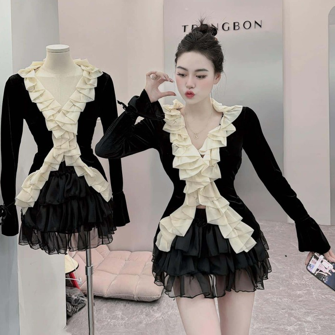 Aó nhung phối bèo mix chân váy tơ xinh - TB
