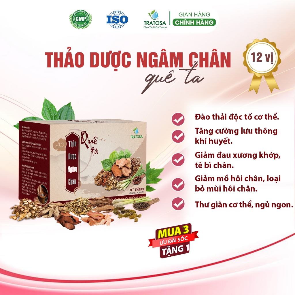 Thảo Dược Ngâm Chân TRATOSA giúp Giảm đau nhức, Thải độc cơ thể, Ngủ ngon tại nhà dùng Hộp 25 gói