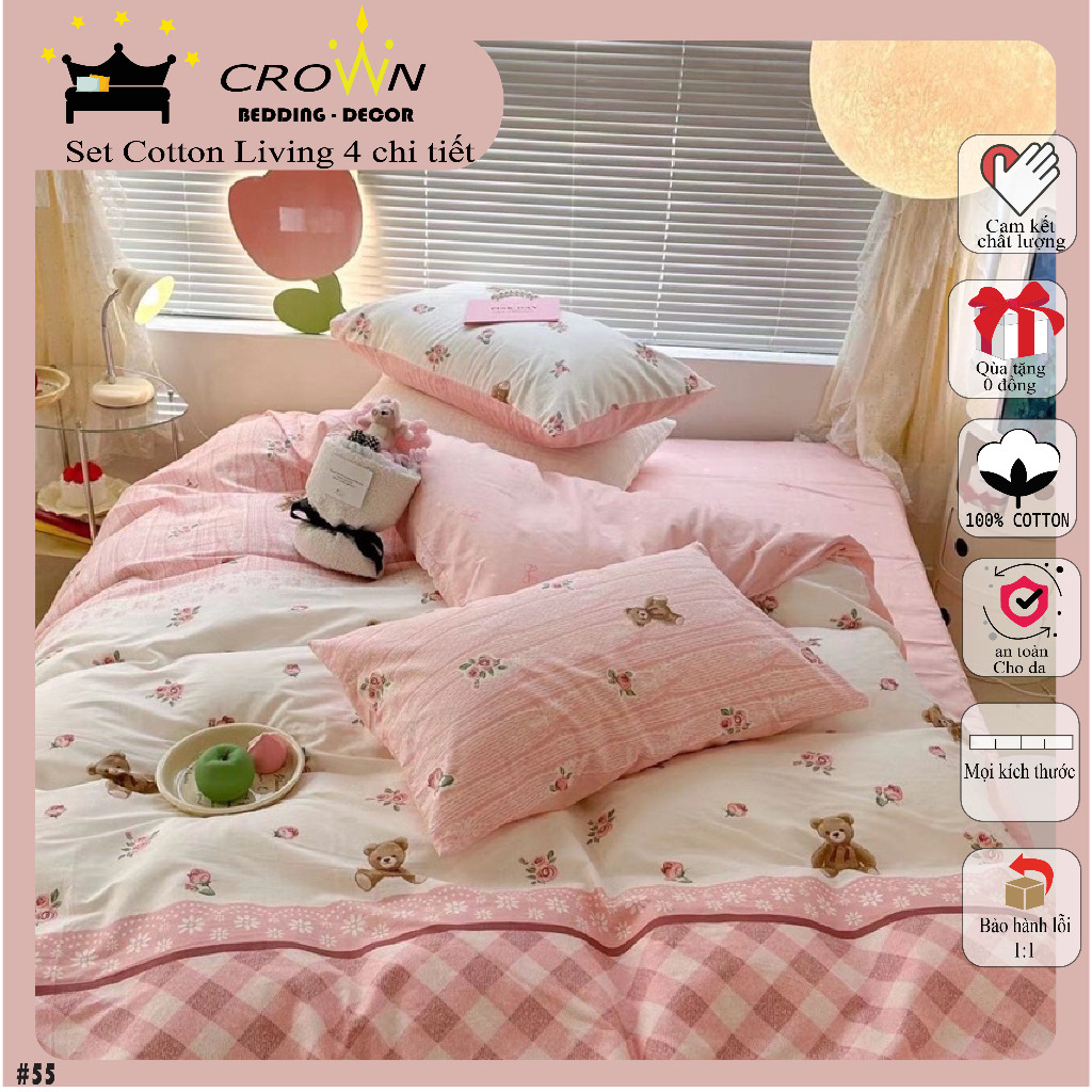 Bộ chăn ga gối cotton living free size 4 món + Quà tặng, 100% cotton mềm mịn mát thấm hút tốt, miễn phí sửa chun ga M55