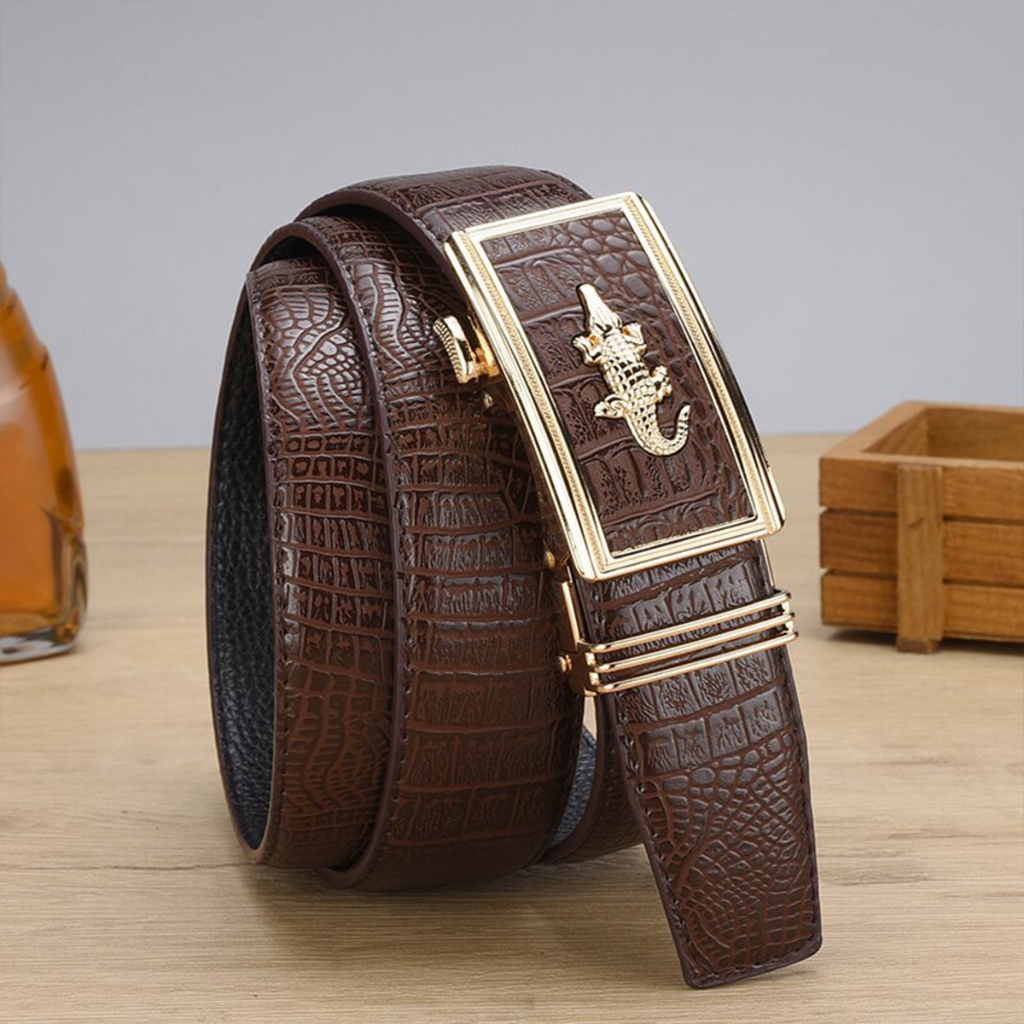 Thắt lưng nam mặt cá sấu khóa tự động, Dây lưng da mặt kim loại nguyên khối sang trọng lịch lãm TL58
